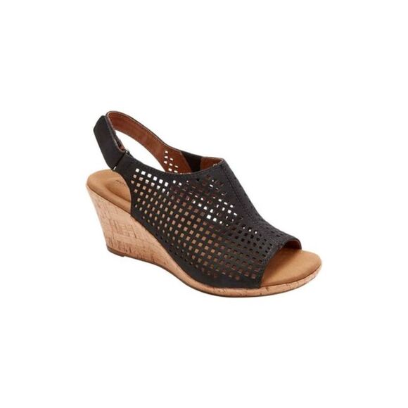 ROCKPORT Shoes - ROCKPORT Womens Black Briah Wedge Leather Slingback Sandal 11 M
